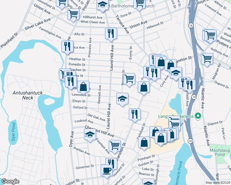 map of restaurants, bars, coffee shops, grocery stores, and more near 23 Lawrence Street in Cranston