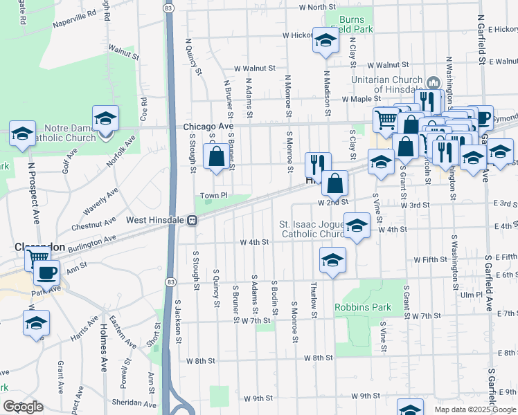 map of restaurants, bars, coffee shops, grocery stores, and more near 220 South Bodin Street in Hinsdale