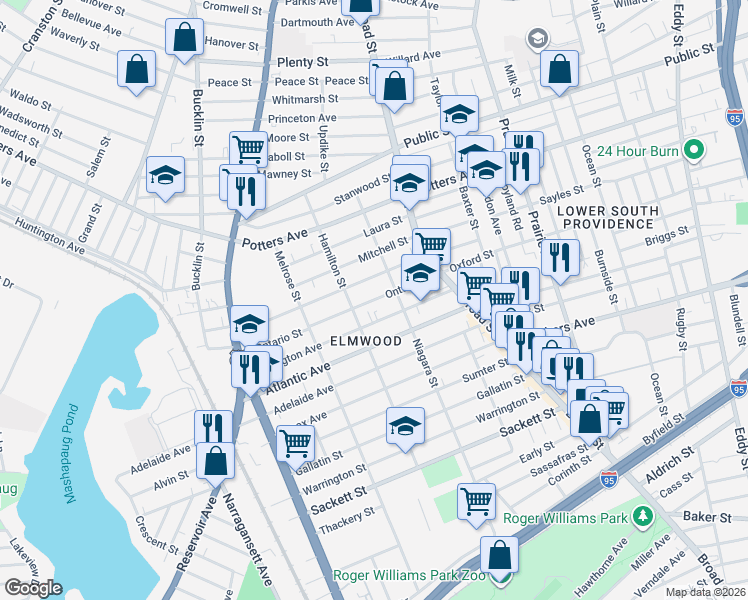 map of restaurants, bars, coffee shops, grocery stores, and more near 142 Hamilton Street in Providence