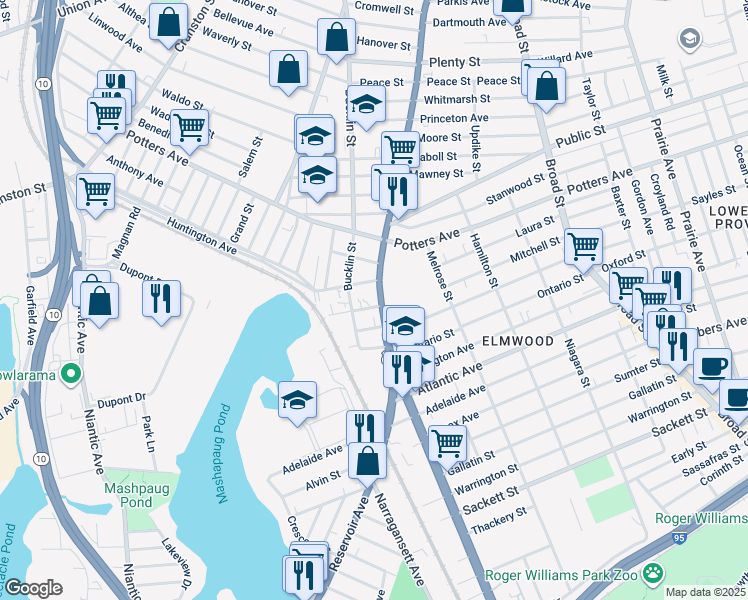 map of restaurants, bars, coffee shops, grocery stores, and more near 14 Redwing Street in Providence