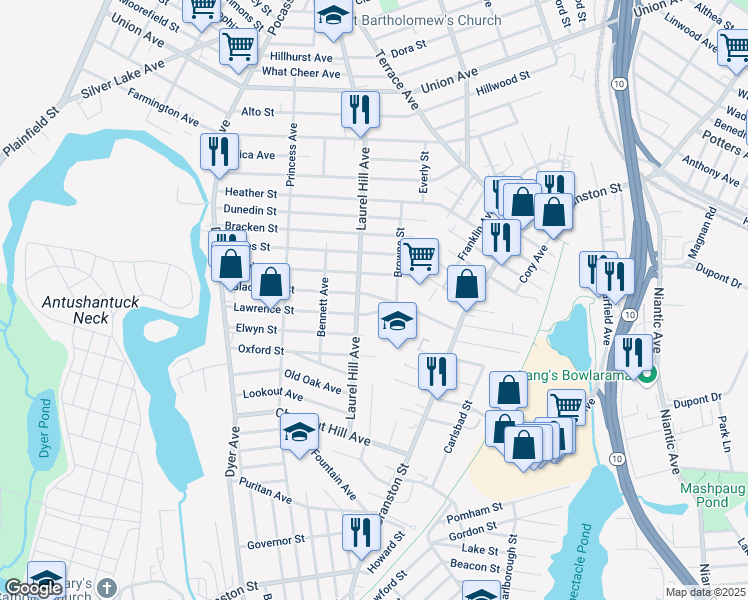 map of restaurants, bars, coffee shops, grocery stores, and more near 23 Lawrence Street in Cranston