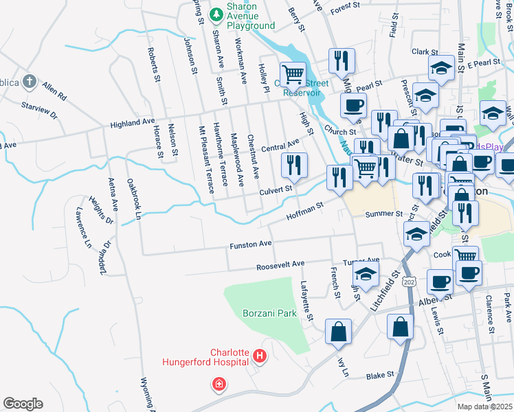 map of restaurants, bars, coffee shops, grocery stores, and more near 184 Hoffman Street in Torrington