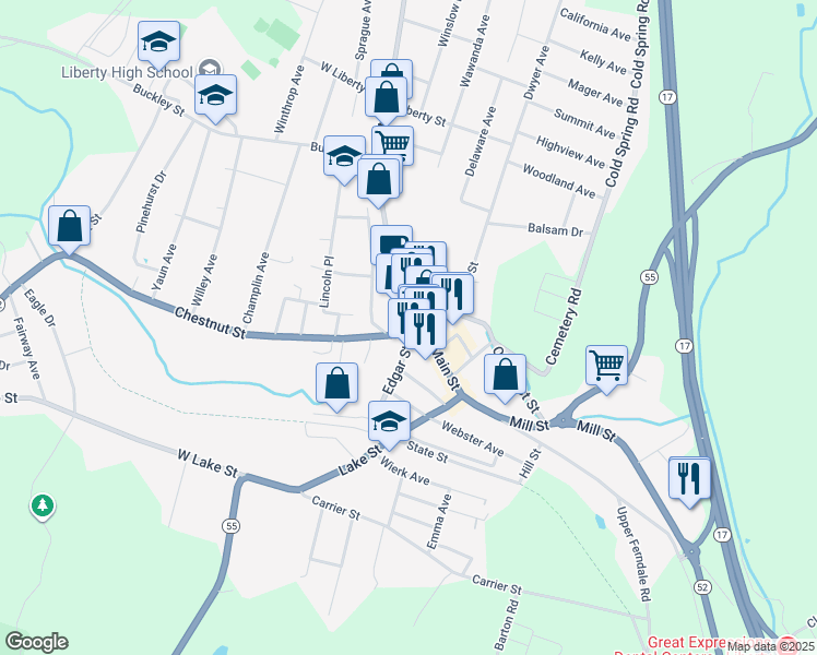 map of restaurants, bars, coffee shops, grocery stores, and more near 12 Edgar Street in Liberty