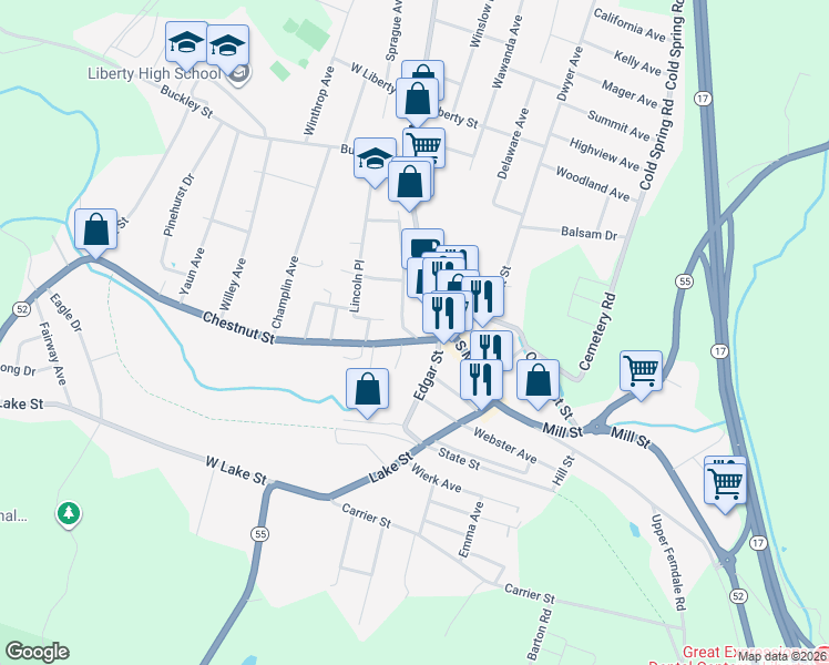 map of restaurants, bars, coffee shops, grocery stores, and more near 46 Chestnut in Liberty
