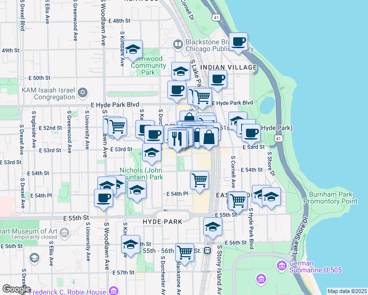 map of restaurants, bars, coffee shops, grocery stores, and more near 5316 South Harper Avenue in Chicago