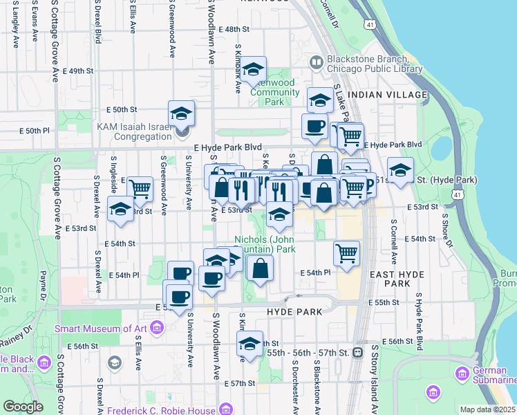 map of restaurants, bars, coffee shops, grocery stores, and more near 1346 East 53rd Street in Chicago