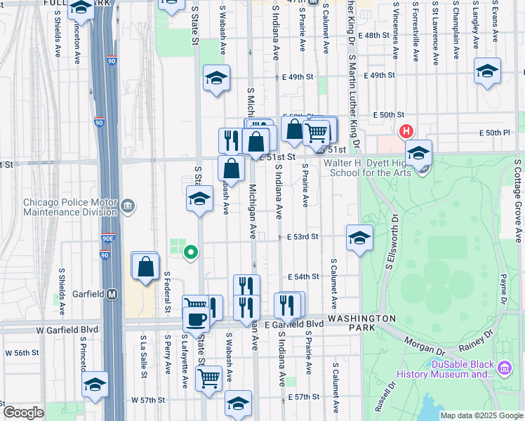 map of restaurants, bars, coffee shops, grocery stores, and more near 5234 South Michigan Avenue in Chicago