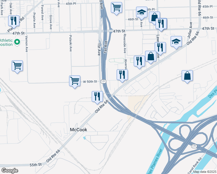 map of restaurants, bars, coffee shops, grocery stores, and more near 8440 Joliet Road in McCook