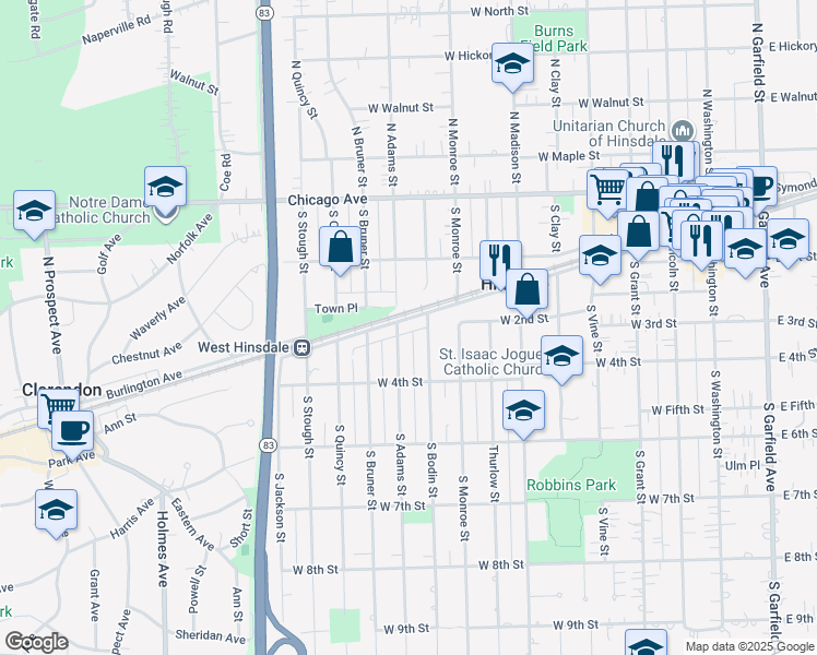 map of restaurants, bars, coffee shops, grocery stores, and more near 220 South Bodin Street in Hinsdale