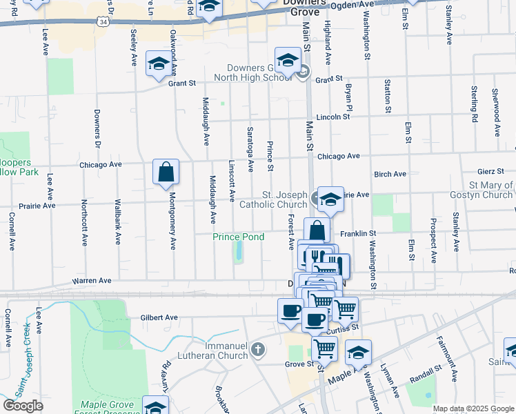 map of restaurants, bars, coffee shops, grocery stores, and more near 4825 Saratoga Avenue in Downers Grove