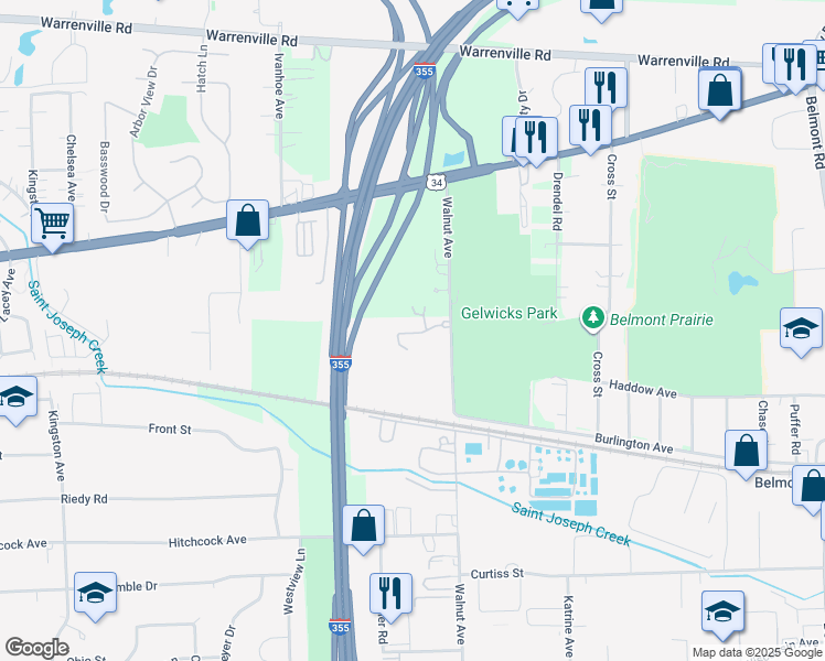 map of restaurants, bars, coffee shops, grocery stores, and more near 430 Walnut Creek Road in Lisle