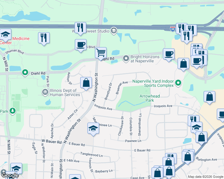 map of restaurants, bars, coffee shops, grocery stores, and more near 1632 Brentford Drive in Naperville