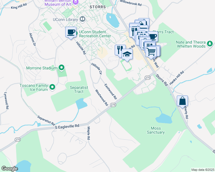 map of restaurants, bars, coffee shops, grocery stores, and more near 10 Eastwood Road in Mansfield