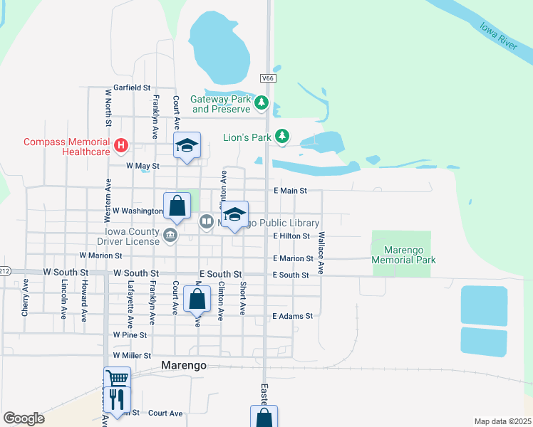 map of restaurants, bars, coffee shops, grocery stores, and more near County Highway V66 in Marengo