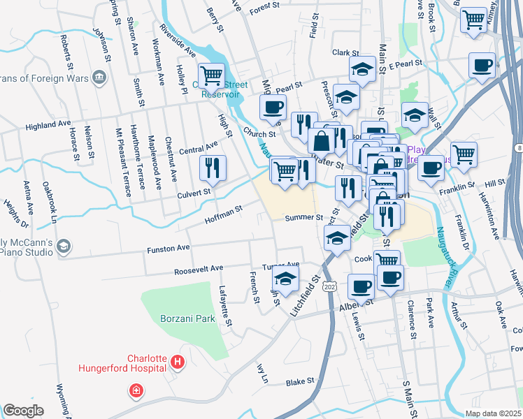map of restaurants, bars, coffee shops, grocery stores, and more near 246 High Street in Torrington