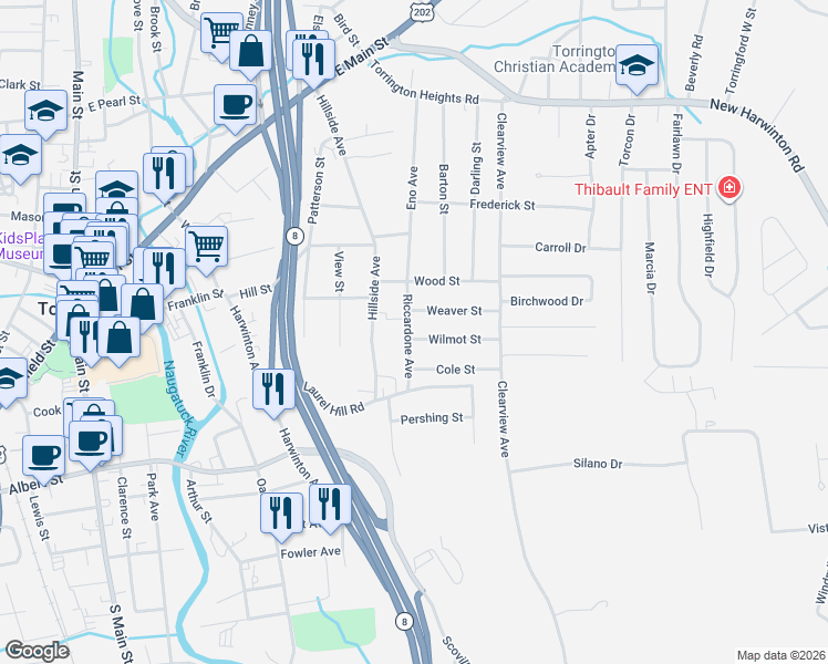 map of restaurants, bars, coffee shops, grocery stores, and more near 106 Riccardone Avenue in Torrington