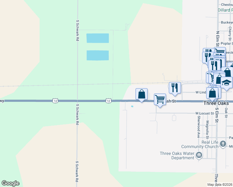 map of restaurants, bars, coffee shops, grocery stores, and more near 7097 Pulaski Highway in Three Oaks
