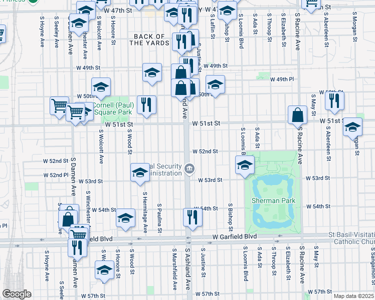 map of restaurants, bars, coffee shops, grocery stores, and more near 5159 South Ashland Avenue in Chicago