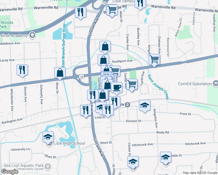 map of restaurants, bars, coffee shops, grocery stores, and more near 4755 Main Street in Lisle
