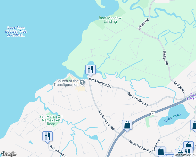 map of restaurants, bars, coffee shops, grocery stores, and more near 130 Rock Harbor Road in Orleans
