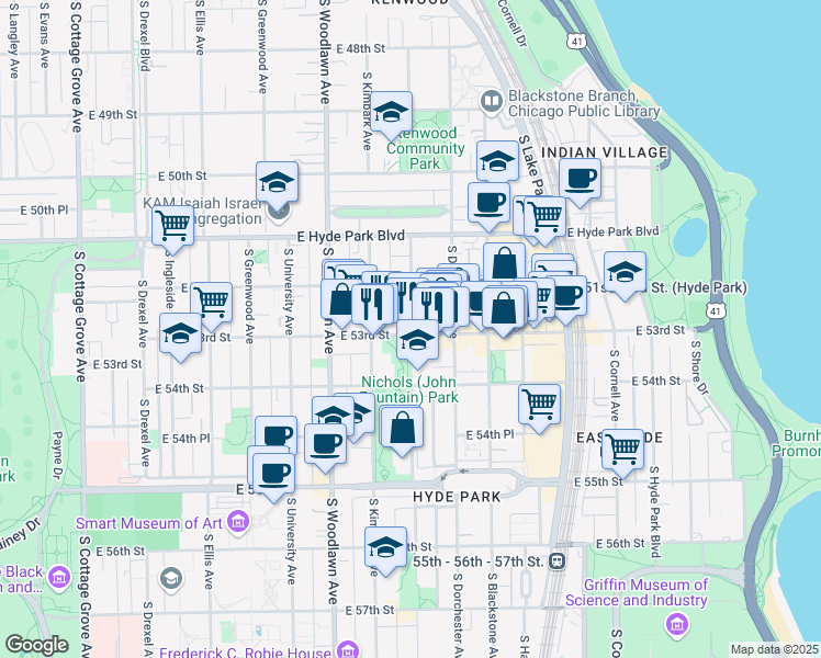 map of restaurants, bars, coffee shops, grocery stores, and more near 1346 East 53rd Street in Chicago