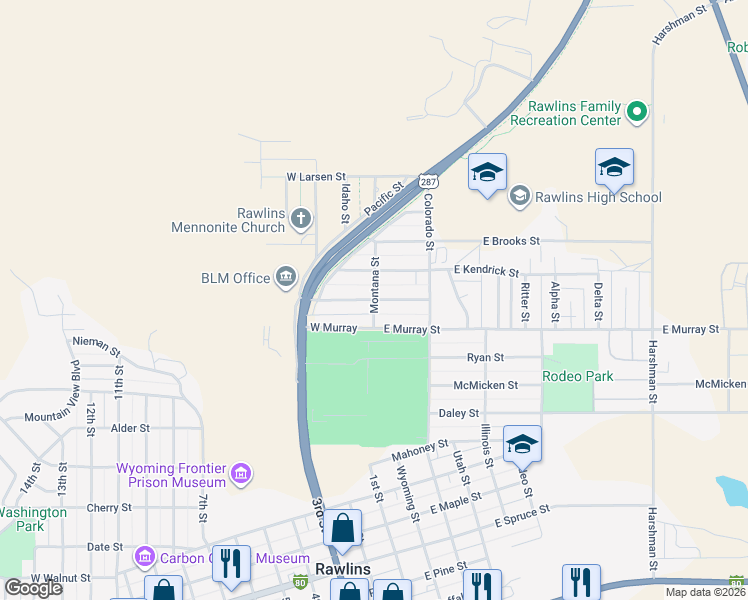 map of restaurants, bars, coffee shops, grocery stores, and more near 1298 Montana Street in Rawlins
