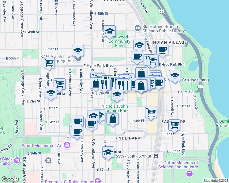 map of restaurants, bars, coffee shops, grocery stores, and more near 1346 East 53rd Street in Chicago