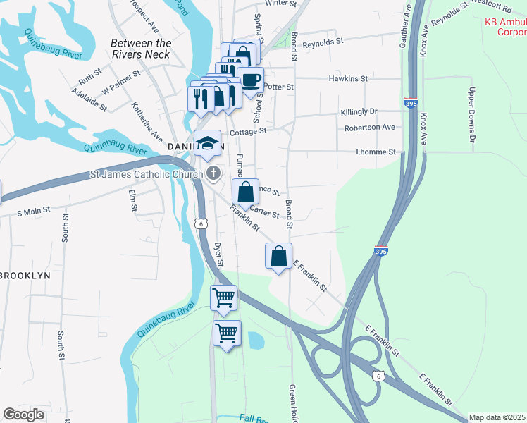 map of restaurants, bars, coffee shops, grocery stores, and more near Carter Street in Killingly