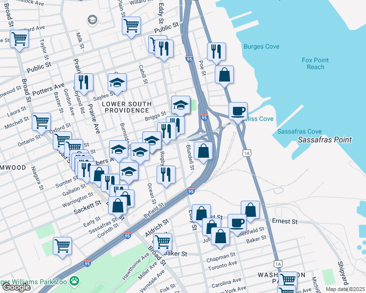 map of restaurants, bars, coffee shops, grocery stores, and more near 3 Applegate Lane in Providence