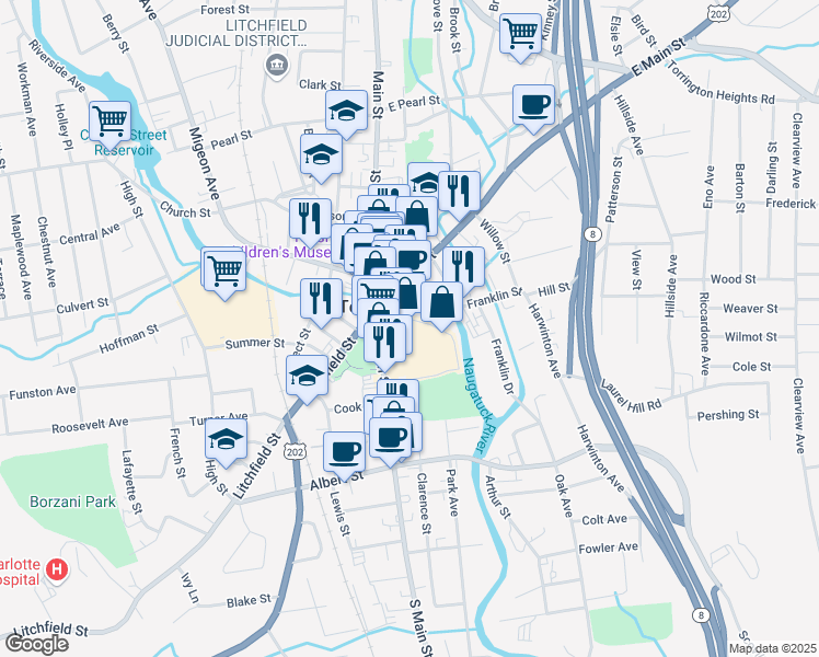 map of restaurants, bars, coffee shops, grocery stores, and more near 15 South Main Street in Torrington