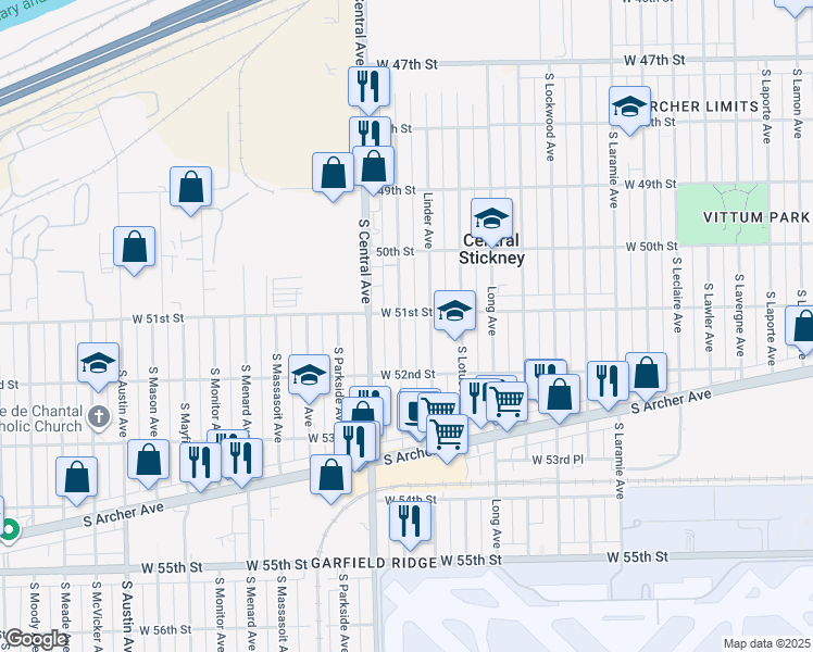 map of restaurants, bars, coffee shops, grocery stores, and more near 5111 South Luna Avenue in Chicago