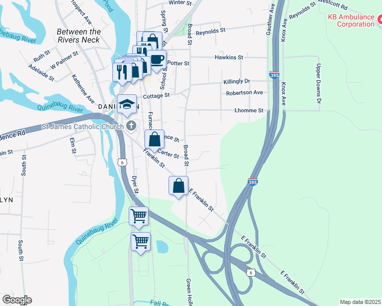 map of restaurants, bars, coffee shops, grocery stores, and more near 42 Broad Street in Killingly