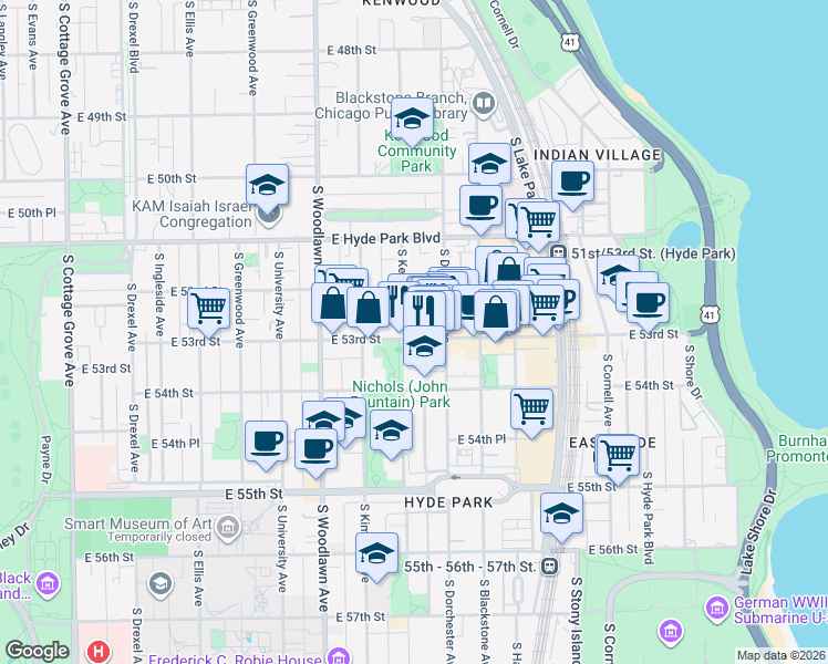map of restaurants, bars, coffee shops, grocery stores, and more near 1346 East 53rd Street in Chicago