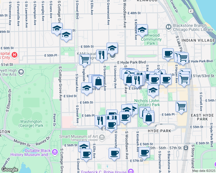 map of restaurants, bars, coffee shops, grocery stores, and more near 5312 South Greenwood Avenue in Chicago