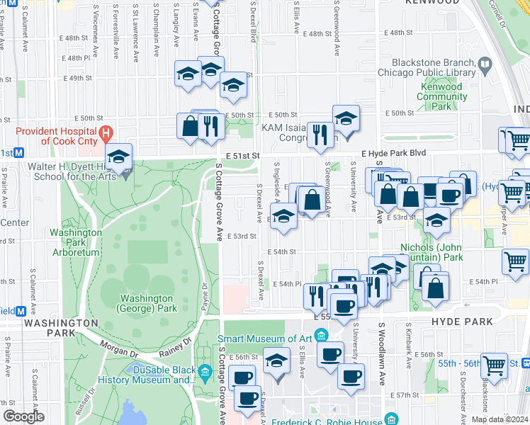 map of restaurants, bars, coffee shops, grocery stores, and more near 5310 South Ingleside Avenue in Chicago