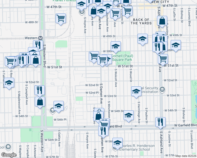 map of restaurants, bars, coffee shops, grocery stores, and more near 5174 South Damen Avenue in Chicago