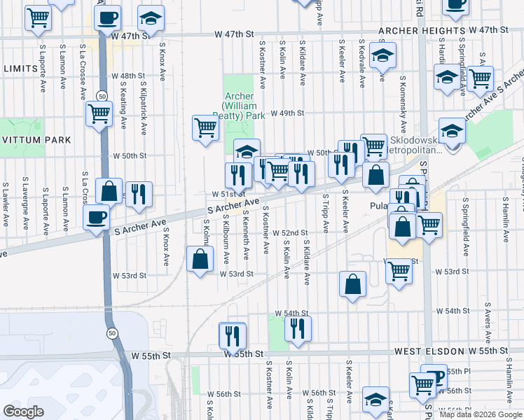 map of restaurants, bars, coffee shops, grocery stores, and more near 5150 South Kostner Avenue in Chicago