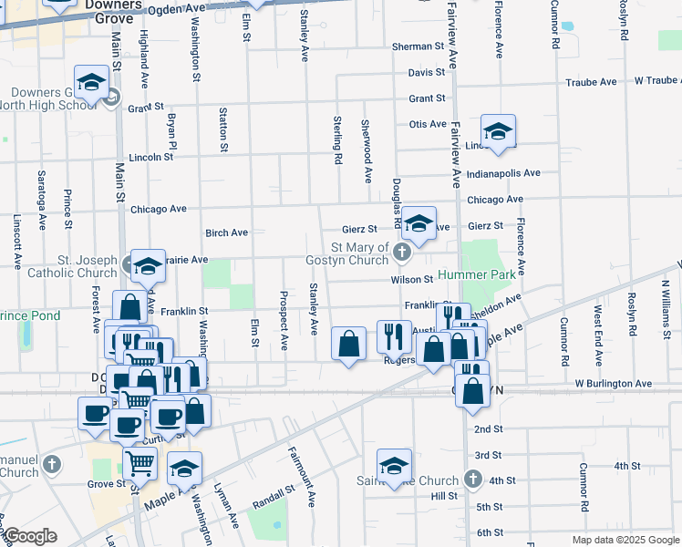 map of restaurants, bars, coffee shops, grocery stores, and more near 617 Wilson Street in Downers Grove
