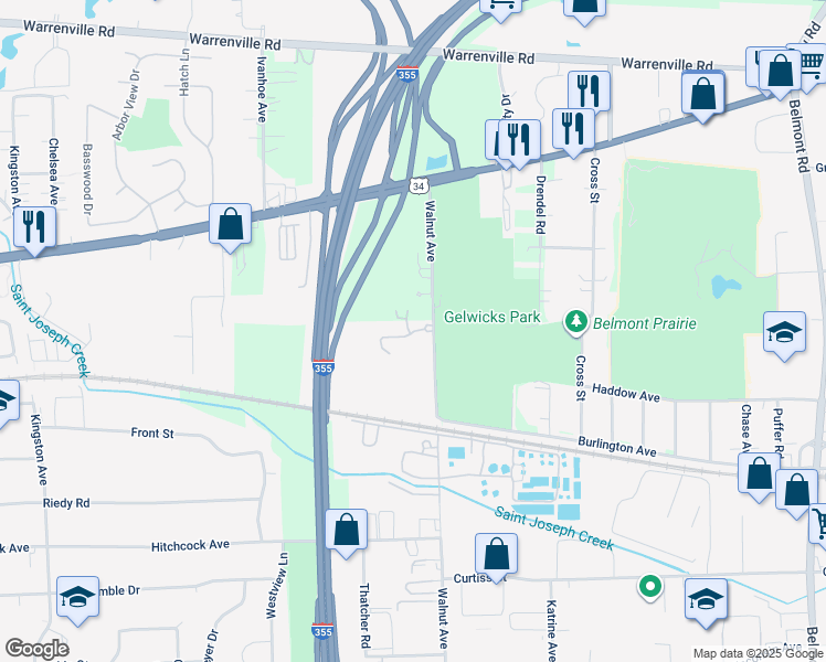 map of restaurants, bars, coffee shops, grocery stores, and more near 425 Walnut Creek Road in Lisle