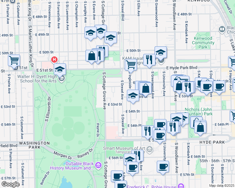 map of restaurants, bars, coffee shops, grocery stores, and more near 5220 South Drexel Avenue in Chicago