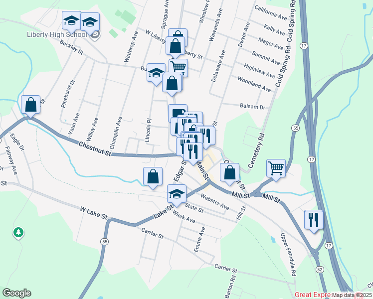 map of restaurants, bars, coffee shops, grocery stores, and more near 12 Edgar Street in Liberty