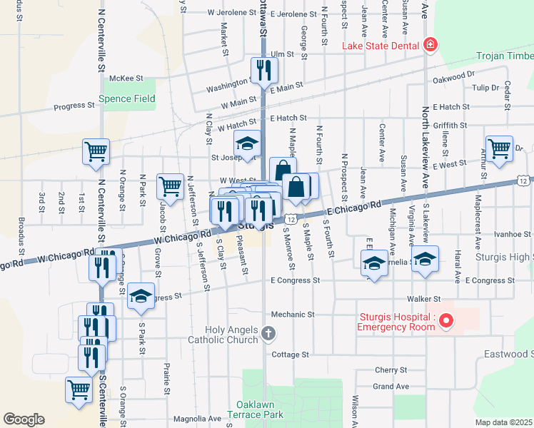 map of restaurants, bars, coffee shops, grocery stores, and more near 100 East Chicago Road in Sturgis