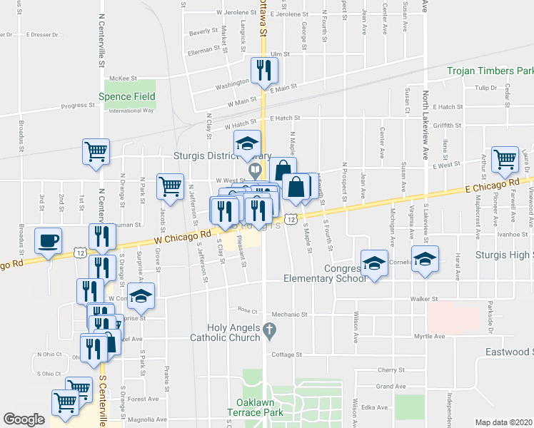 map of restaurants, bars, coffee shops, grocery stores, and more near 100 East Chicago Road in Sturgis