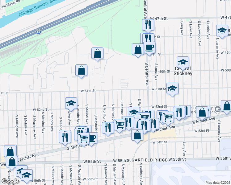 map of restaurants, bars, coffee shops, grocery stores, and more near 5132 South Massasoit Avenue in Chicago