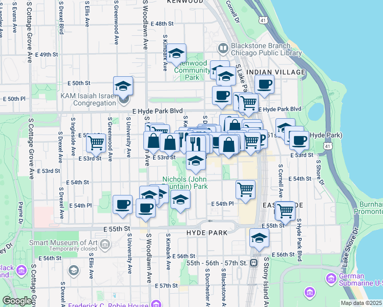 map of restaurants, bars, coffee shops, grocery stores, and more near 1350 East 53rd Street in Chicago