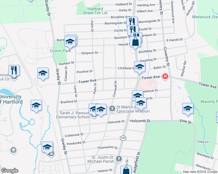 map of restaurants, bars, coffee shops, grocery stores, and more near 351 Cornwall Street in Hartford