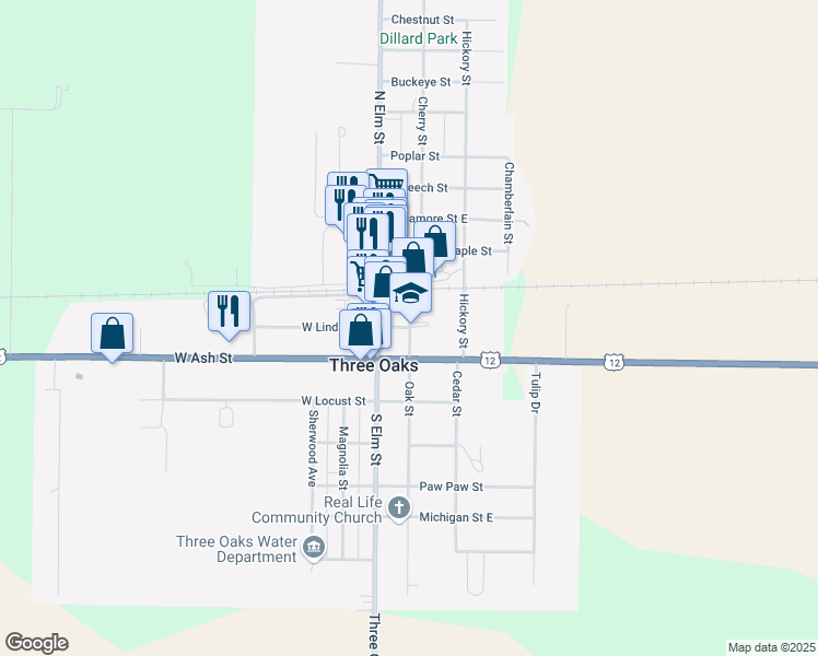 map of restaurants, bars, coffee shops, grocery stores, and more near 100 Oak Street in Three Oaks