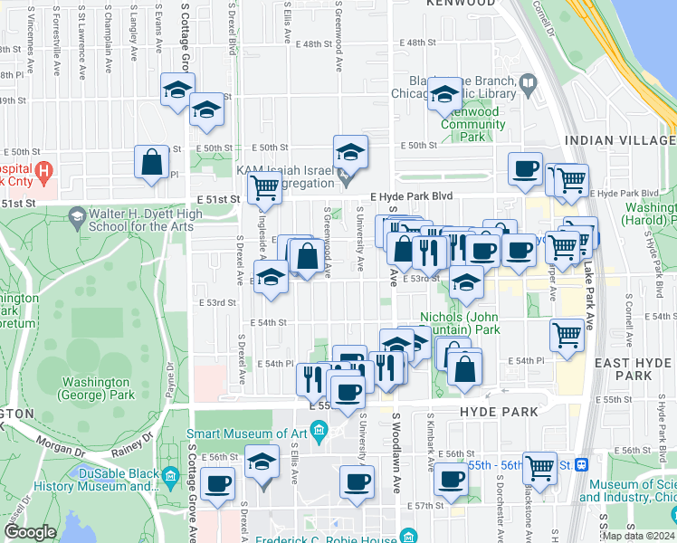 map of restaurants, bars, coffee shops, grocery stores, and more near 5237 South Greenwood Avenue in Chicago