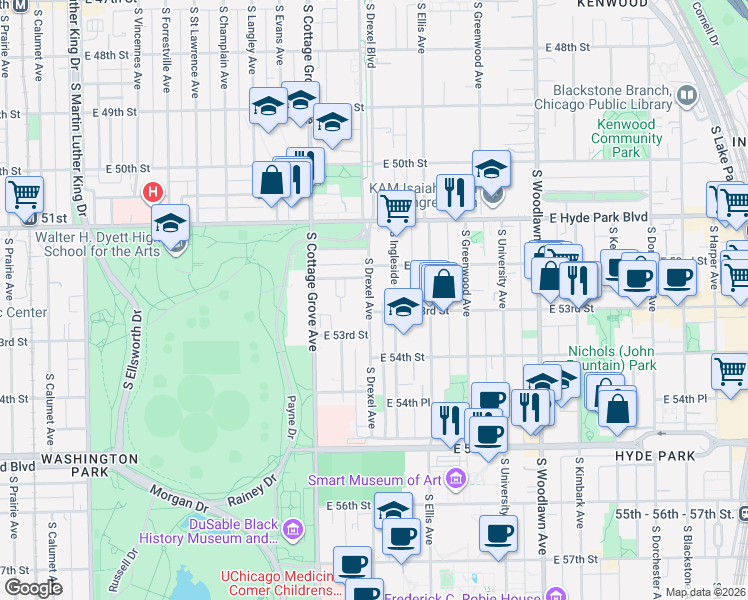 map of restaurants, bars, coffee shops, grocery stores, and more near 5229 South Drexel Boulevard in Chicago