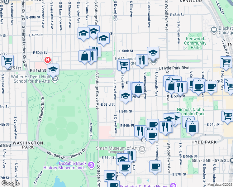 map of restaurants, bars, coffee shops, grocery stores, and more near 5229 South Drexel Avenue in Chicago